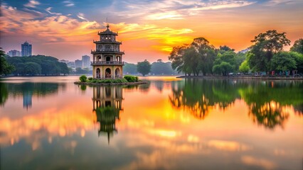 Fototapeta premium Sunset view of the Turtle Tower reflecting in the calm waters of Hanoi's Hoan Kiem Lake, Hanoi, Vietnam