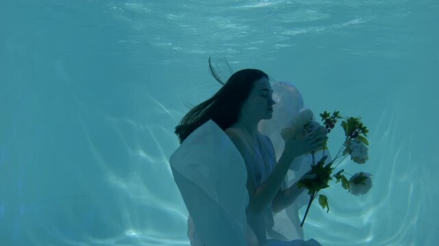 Portrait of peaceful gorgeous brunette woman in elegant white dress holding bouquet of flowers, gracefully moving while swimming underwater.