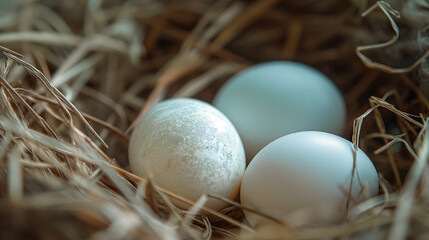 white chicken eggs nestled in a cozy, straw-filled nest. 
