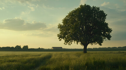 Sole Tree in Foreground of Serene Landscape with Distant Hospice, Symbolizing Calm and End-of-Life Solace
