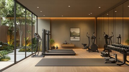 Home gym with various exercise equipment, mirrors and plenty of space. This setting promotes a healthy lifestyle with convenient access to exercise resources.