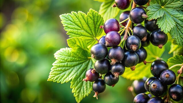 Close-up of a blackcurrant twig with ripe berries and green leaves, blackcurrant, twig, berries, leaves, close-up, ripe