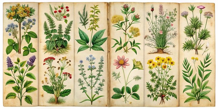 Vintage of a collection of medicinal plants and herbs from Larousse du xxe si?cle, medicinal plants