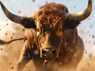 A close-up of a bull with its horns lowered, charging forward, with dust kicking up behind it.