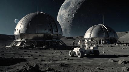 A moon base with silver domed buildings arranged neatly, the surface covered in gray moon dust. Astronauts in spacesuits are conducting scientific experiments, with the blue outline of Earth in the ba