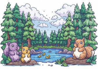 Naklejka premium Charming Forest Scene with Whimsical Squirrels by a Peaceful Lake Surrounded by Pine Trees and Wildlife in a Woodland Setting