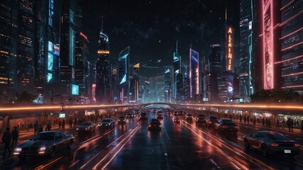 Fototapeta premium A nighttime scene of a futuristic city, with brightly lit skyscrapers and flashing neon lights. Flying cars zoom through the sky lanes, while the ground is crowded with diverse groups of people.