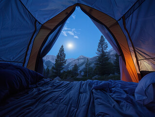 A tent with an open flap, revealing a view of snow-capped mountains illuminated by a bright moon.