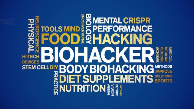 Biohacker animated word cloud;text design animation tag kinetic typography seamless loop.