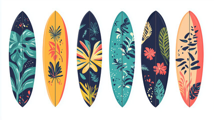 Tropical Surfboards. A set of six surfboards with colorful tropical patterns displayed in a row.