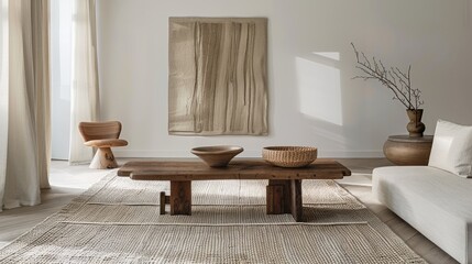 Wooden furniture on simple carpet in white room