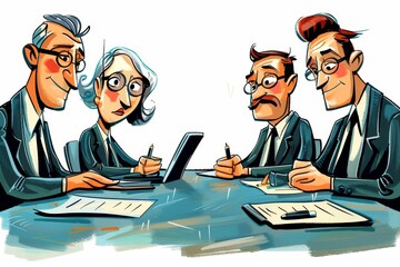 Business Meeting Illustration: Four People Discuss Contracts