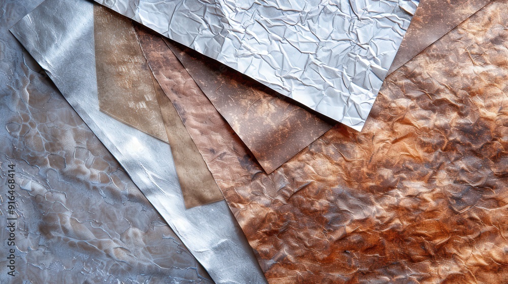 Poster create a set of textured papers with a metallic sheen. describe how the reflective quality and textu