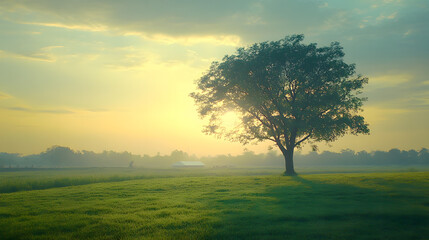 Obraz premium Sole Tree in Foreground of Serene Landscape with Distant Hospice, Symbolizing Calm and End-of-Life Solace