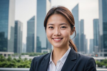 Fototapeta premium portrait Smiling young asian businesswoman against skyscrapers blurred background