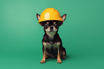 ペット防災。黄色いヘルメットを被るチワワ犬の全身。コピースペースまたはテキストスペースのある背景用画像