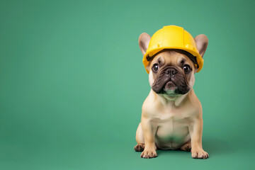 ペット防災。黄色いヘルメットを被るフレンチブルドック犬の全身。コピースペースまたはテキストスペースのある背景用画像