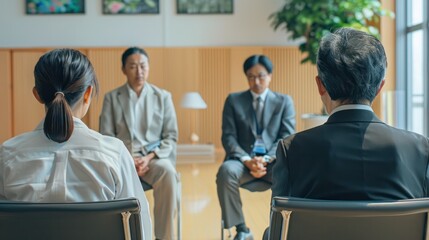 Fototapeta premium Job applicants are being interviewed by the executive committee in a conference room.