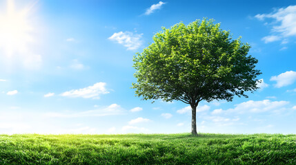 Fototapeta premium Sole Tree in Foreground of Serene Landscape with Distant Hospice, Symbolizing Calm and End-of-Life Solace