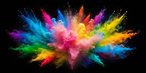 Explosion of colorful powder isolated on black background, celebration, vibrant, colorful, festival, dust, explosion, bright