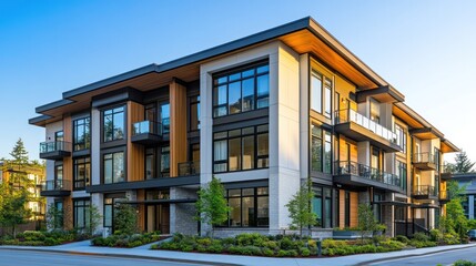 Fototapeta premium Modern apartment building exterior with balconies and contemporary design elements