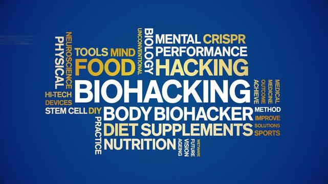 Biohacking animated word cloud;text design animation tag kinetic typography seamless loop.