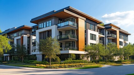 Fototapeta premium Modern apartment building exterior with balconies and contemporary design elements
