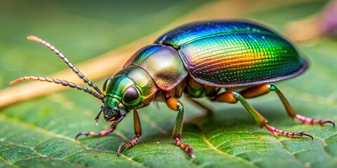 Naklejka premium A close-up photo of a shiny European ground beetle on a green leaf , beetle, insect, ground beetle, wildlife, nature, macro