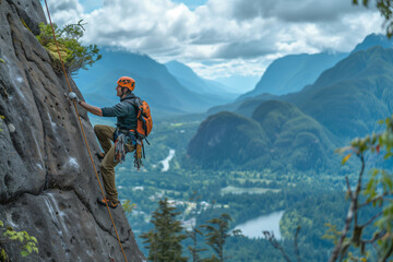 Epic Climber Scaling a Majestic Rock Face in the Scenic Wilderness at Dawn