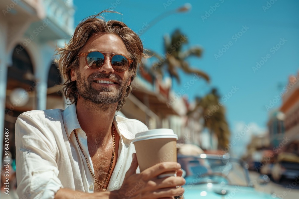 Wall mural A man enjoying a coffee outdoors. AI.