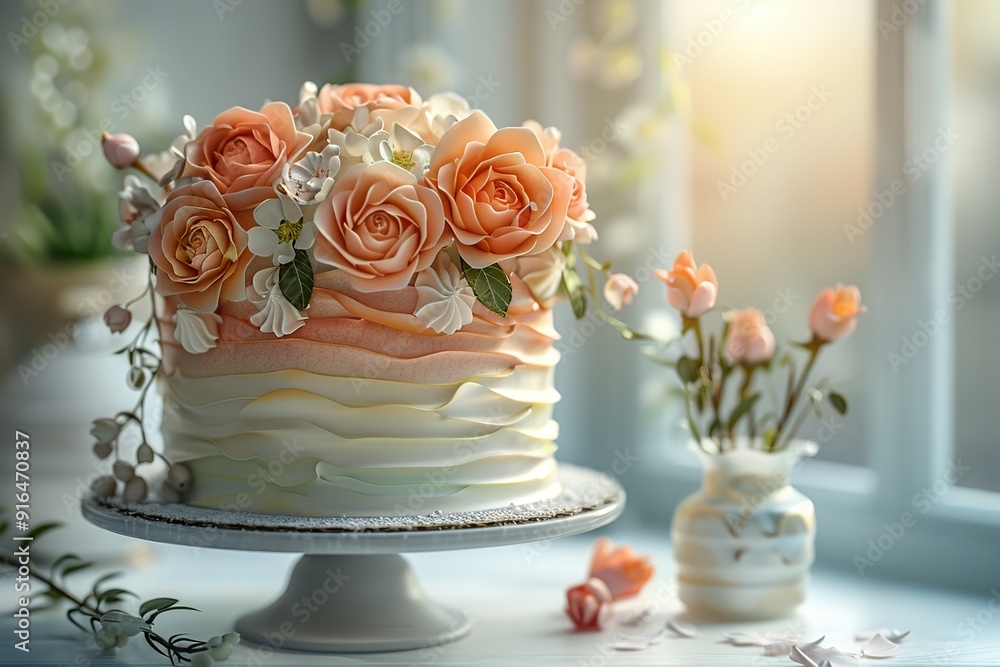 Sticker elegant cake decorated with delicate peach roses