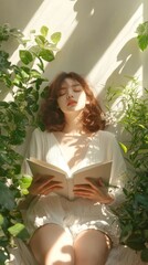 Fototapeta premium Morning Serenity: Person Reading by Window with Sunlight, Plants, Embracing Wellness Routine for Relaxation and Focus, Generative Ai