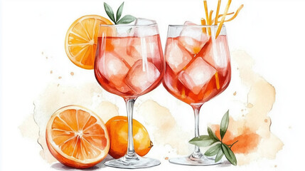 Detailed watercolor illustration of a refreshing Aperol spritz cocktail with vibrant orange slices and ice cubes, set against a clean white background. The vivid colors and intricate details emphasize