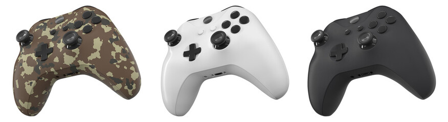 Collection of gaming controllers with different colors and designs for gaming enthusiasts isolated...