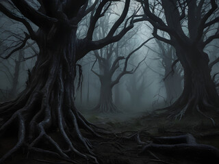 trees in the forest,Gnarled black trees in an eerie forest, with spectral pagan spirits drifting among the twisted branches and fog,A dark and mysterious forest with a full moon shining through the tr