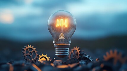 Cracked lightbulb with glowing filament above discarded gears and cogs.