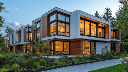 Fototapeta premium Townhouse exterior is modern with clean lines. big window and simple design Architectural details emphasize contemporary urban living.