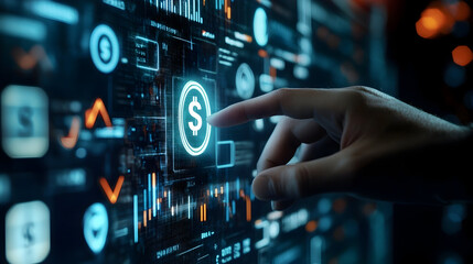 Fototapeta premium Online banking and digital money concept with man finger on virtual touch screen interface with central bank layout surrounded currency signs: dollar, euro, ruble and yen on abstract b : Generative AI