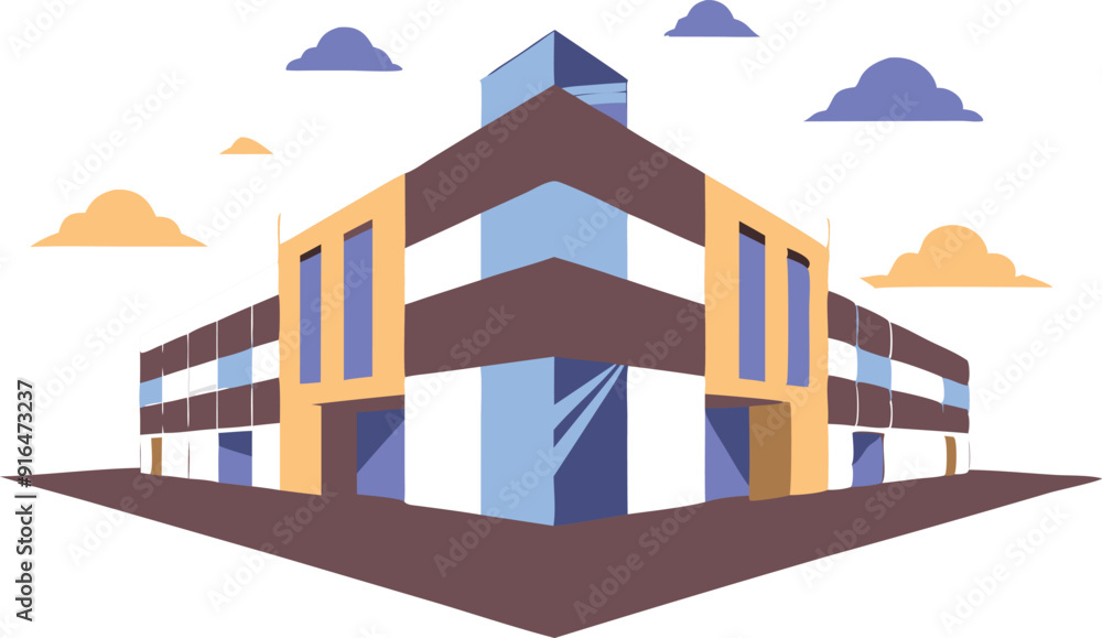 Poster stylized depiction of a contemporary building with vibrant colors and angular shapes set