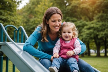 Mother with daughter (2-3) on slide