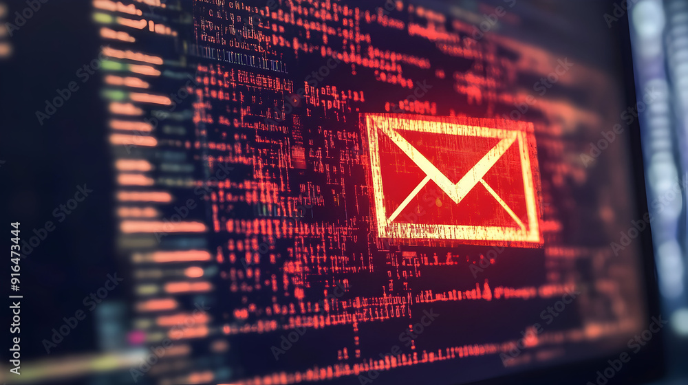 Poster a warning regarding phishing emails displayed on a computer monitor, highlighting the importance of 