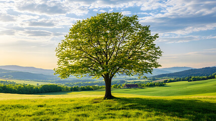 Fototapeta premium Sole Tree in Foreground of Serene Landscape with Distant Hospice, Symbolizing Calm and End-of-Life Solace