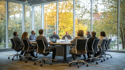 A panel of speakers engage in lively podcast discussions in a contemporary conference room with large windows.
