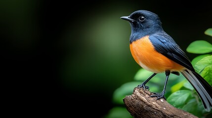Fototapeta premium A small, brightly colored bird perched on a branch in a lush green forest.