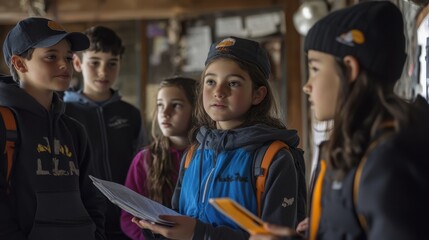 Obraz premium A field trip scene with classmates exploring a historical site, listening to a guide, and taking notes, capturing the educational value of experiential learning outside the classroom and the