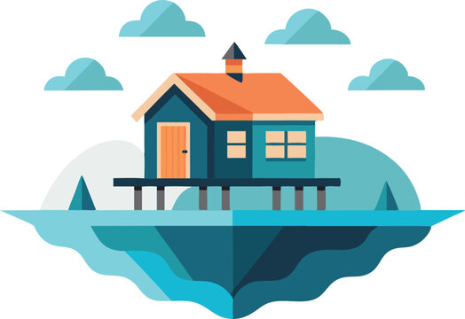 A blue and orange house rests on stilts over water, with clouds in the sky.