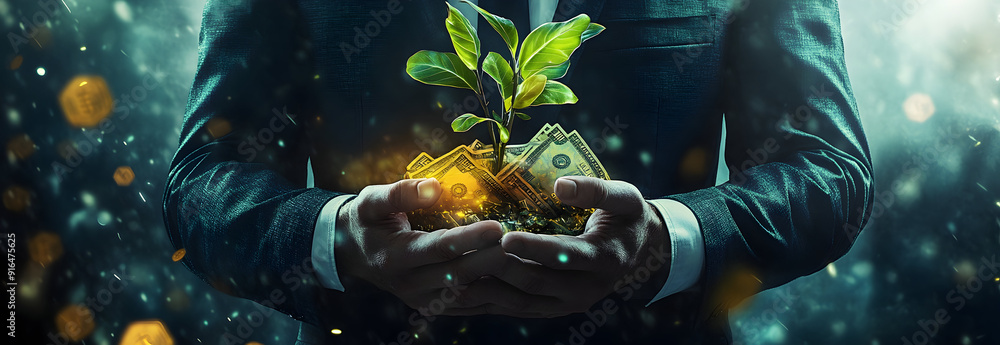 Poster powerful tycoon firmly clasping a trove of gleaming currency with a vibrant seedling bursting forth 