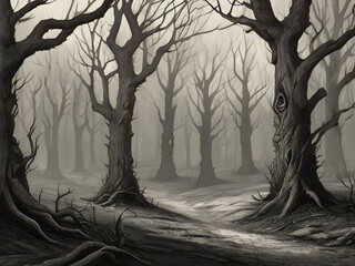 tree in the forest,halloween night scene with moon,full moon over dark spooky forest at night