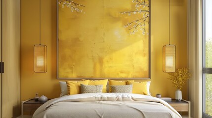 Monochromatic yellow artwork over large double bed
