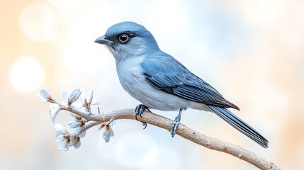 A small blue bird perches on a branch, against a soft, blurred background.